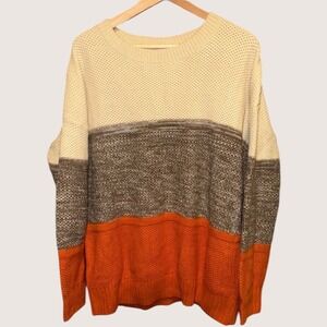Womens Colorblock Knit Sweater Cream XLGrey Orange Crewneck Pullover Long Sleeve